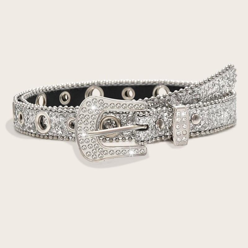 

Stylish Y2k Inspired Trendy Wide Waist Belt With Sparkling Rhinestone Embellishments In Black And Silver Colors For Fashionable Outfits StyleD
