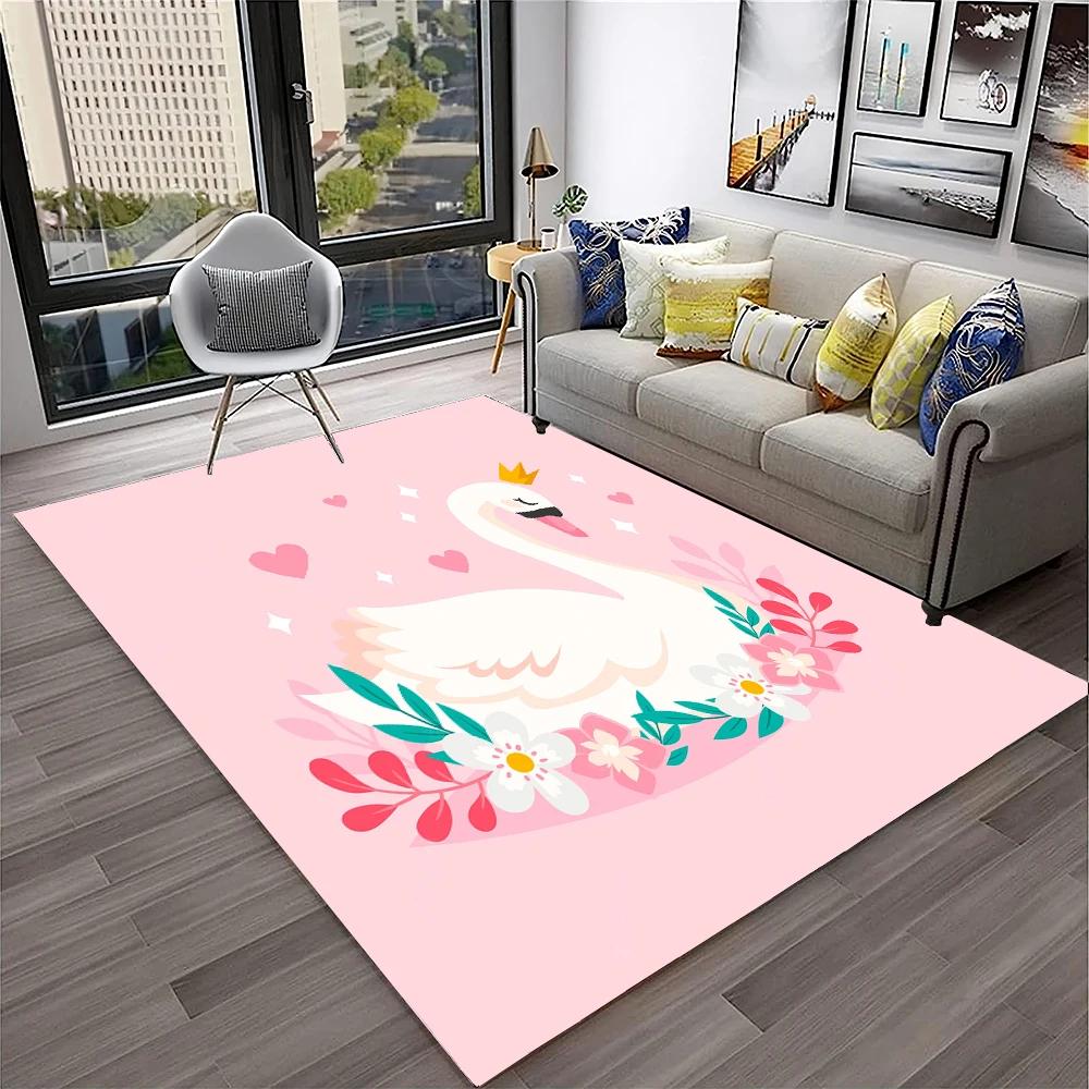 Cute Swan Princess Cartoon Cygnus Carpet Rug for Home Living Room Bedroom Sofa Doormat Decor, Kids Area Rug Non-slip Floor Mat