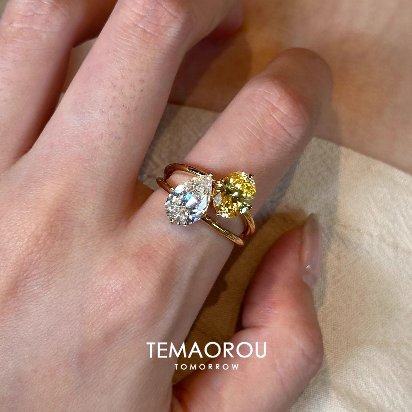 

European and American Style Yellow and White Double Diamond Ring, Light Luxury High-sense Index Finger Ring, Long-term Wear Will Not Fade Ring opening adjustable