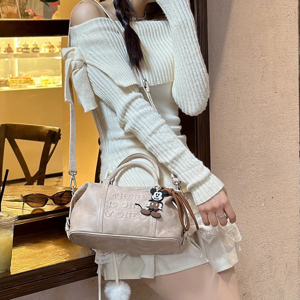New Disney Mickey Series PU Boston Bag, One Shoulder Handbag Women's Ecru BMK-72480
