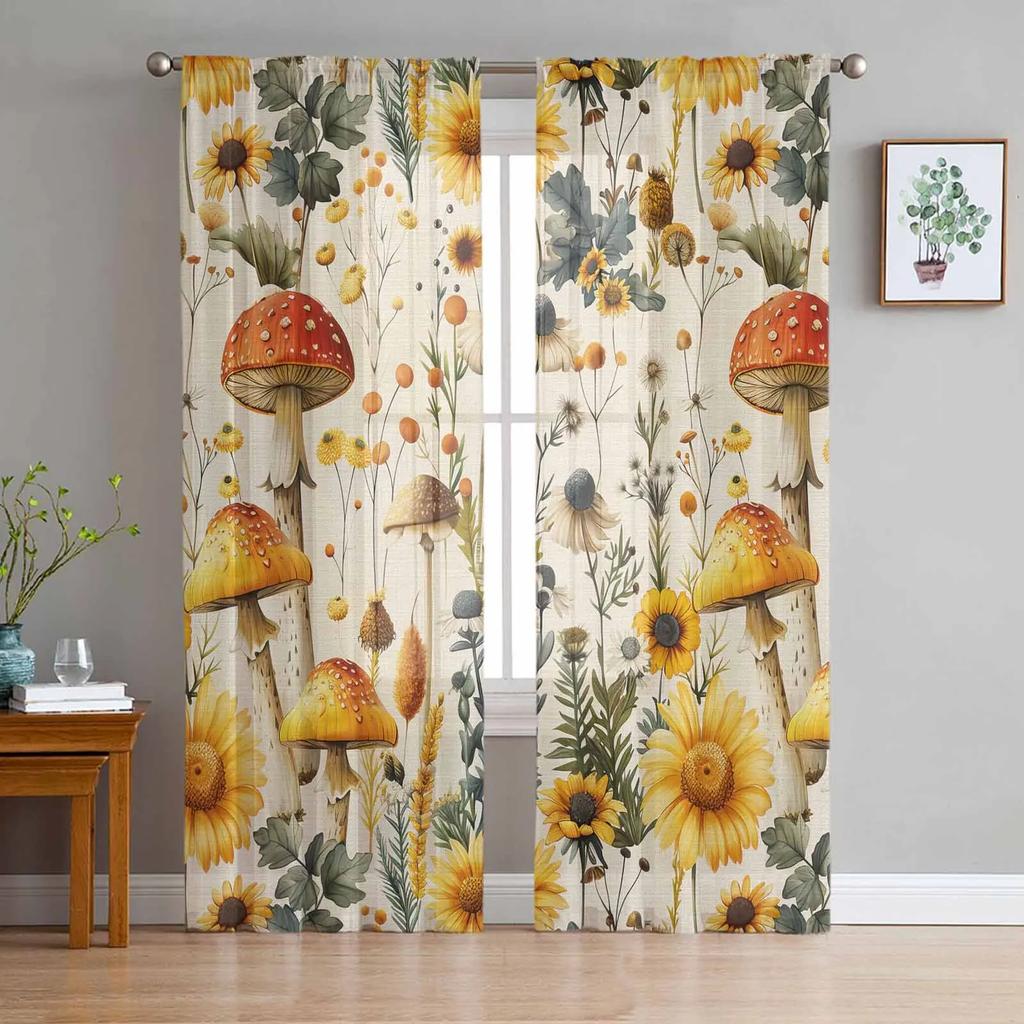 Mushroom Plant Vintage Sheer Drapes for Bedroom Living Room Decoration Window Curtain for Kitchen Curtain Panels