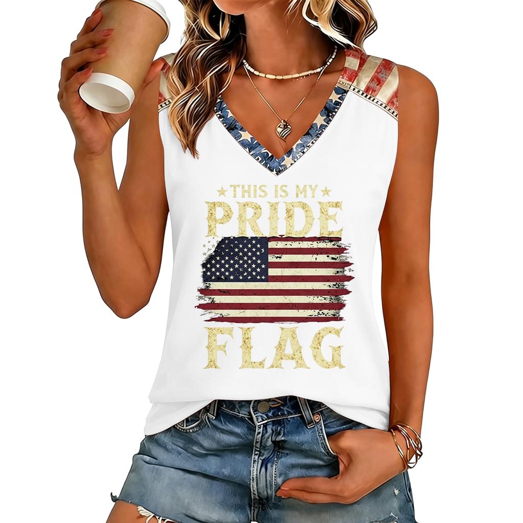 Women V Neck Casual Letter Print Short Sleeve T Shirt Top with Flag Graphic Comfortable Loose Fit Tee Shirt for Daily Wear