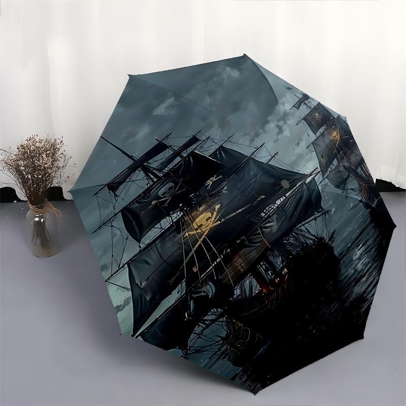 Pirate ships, Dark ocean Themed Automatic Opening and Closing Umbrella, Brightly Colored 8 rib Portable Umbrella, Suitable for Men and Women
