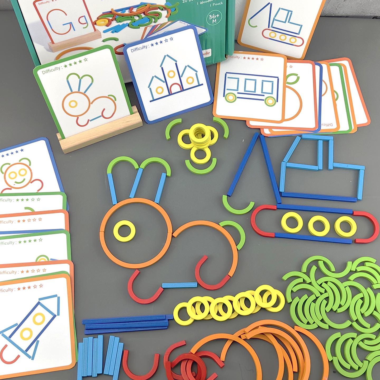 Creative Wooden Ring Puzzle & Question Cards for Kids Aged 3-6: Educational Building Blocks Toy for Kindergarten Colored Box