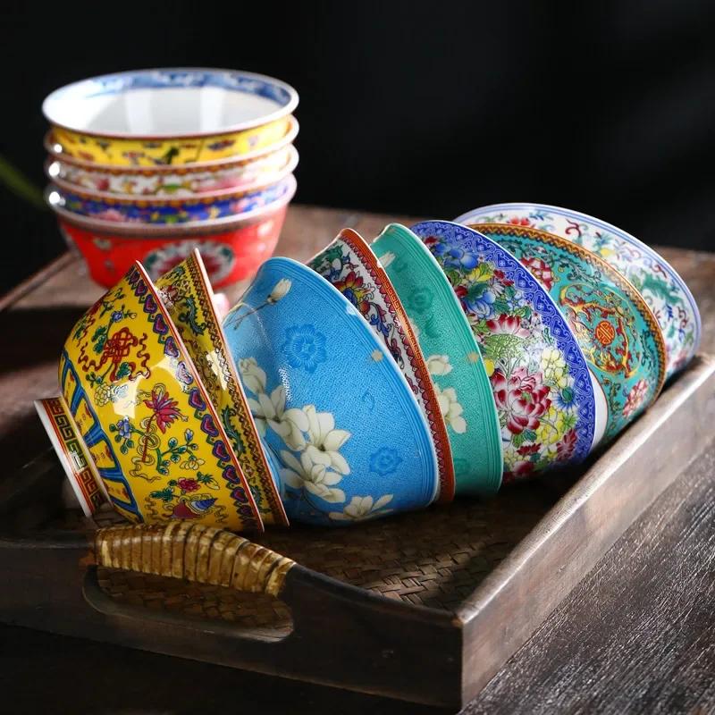 New Chinese Style Ceramic Bowl Enamel Colored Rice Bowl Kitchen Dish Set Bone Porcelain Household Bowl salad bowl set