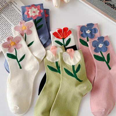 3 Paar Baumwoll-Damen-Socken Lässig Atmungsaktiv Japanischer Koreanischer Stil Cartoon Blume Bonbonfarbe Mode Damen Mittelrohrsocke