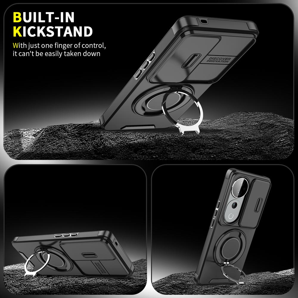 KEYSION 360°Rotating Ring Stand Phone Case for VIVO V40 Pro 5G Slide Camera Protection Magnetic Shockproof Cover for VIVO V40 5G