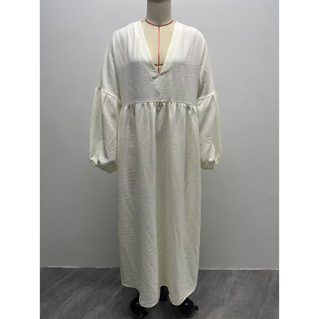 Women's Bohemian Linen Cotton Deep V Lantern Sleeve Loose Flowy Maxi Dress  European American Lazy Style Vacation Long Dress