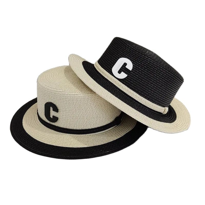 Straw Flat Top Top Hat Women's Summer  Retro Beach Vacation Sun Protection Straw Sun Hat Luxury Brand Panama Cap Wholesale