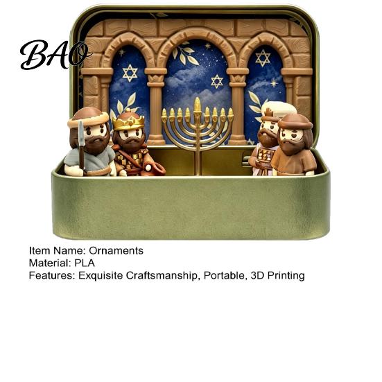Retro Iron Box Display Hanukkah Miniature Diorama Scene Box, 3D Printed Pocket Figurine Set with Portable Festival Storage Case, Menorah Micro