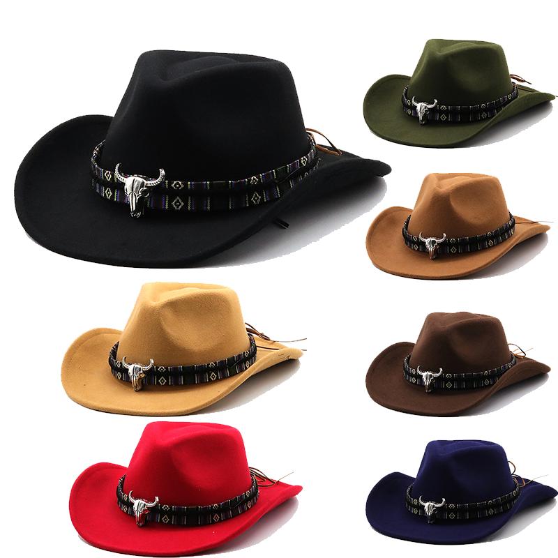 Black Soft Felt Waterproof Sweatband Traditional Wide Brim Men and Women Western Outback Cowboy Hat With Bull Head Fedora Cap