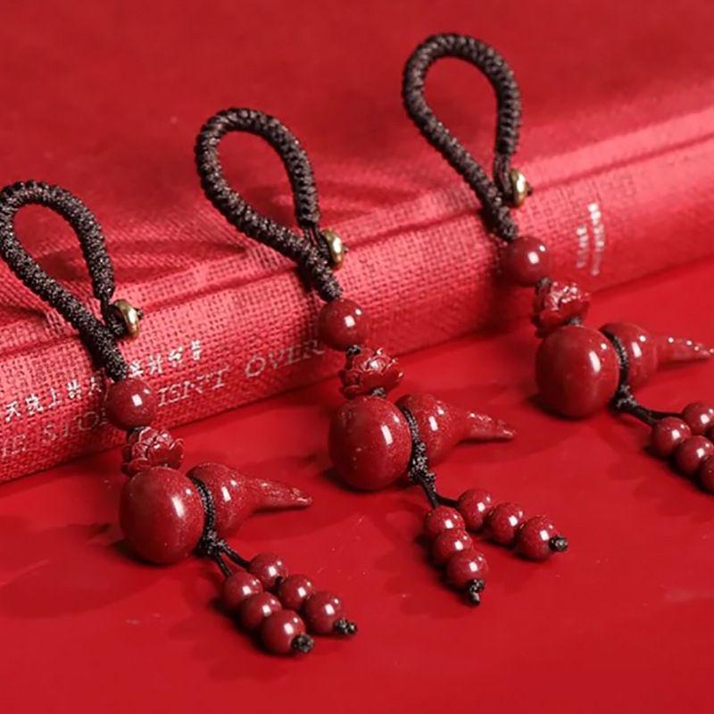 Cinnabar Gourd Keychain with Lotus Tassel Pendant and Benmingnian Car Charm