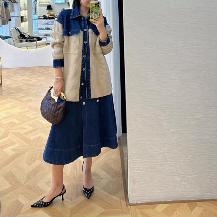 Autumn New Jacket Women Sweaters Coat Patchwork Wadded Coat Cardigan Knitting Pockets Fake Two-Piece Sweater