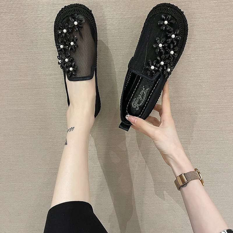 2025 spring and summer new fisherman Doudou shoes women's soft sole breathable one pedal comfortable rhinestone flower mesh flat bottom