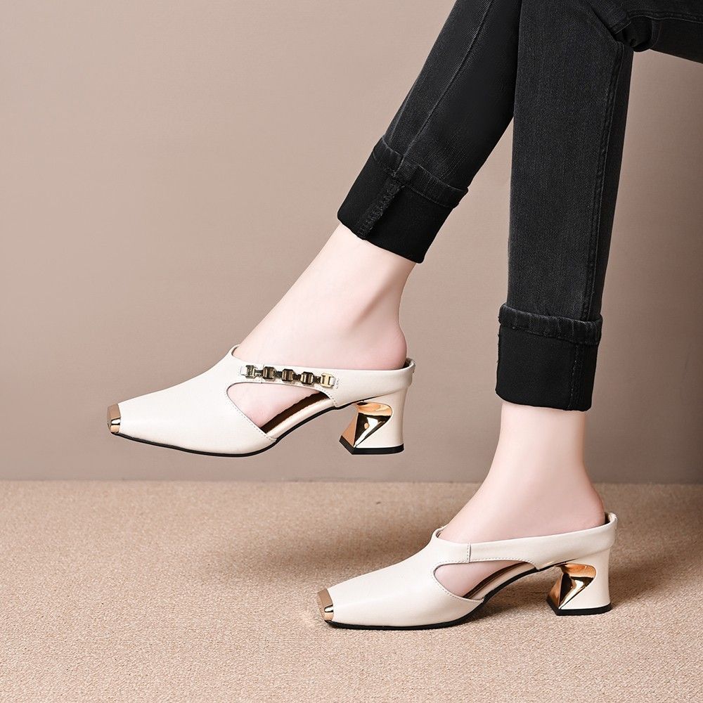 Summer new design chain square head half slippers women's outer wear middle heel soft leather casual lazy one pedal bag head drag