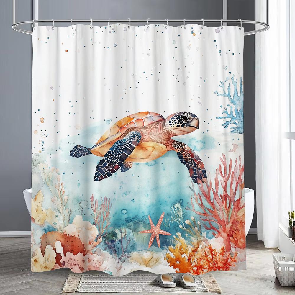 Marineland Sea Turtle Fun Shower Curtain For Beach Theme Bathroom Decorative Shower Curtain, Waterproof Shower Curtain With Hook