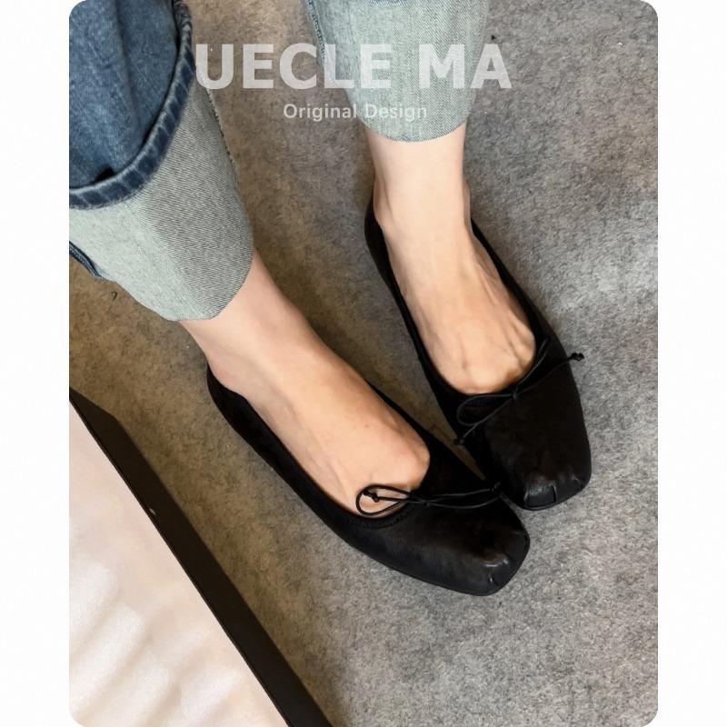 Cowhide~ Genuine leather handmade shoes retro style shallow mouth flat sole shoes women's versatile commuter bow ballet shoes