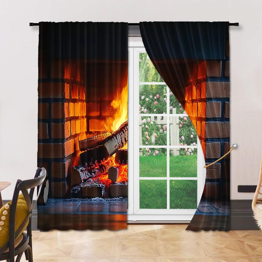 Set aus 2 vielseitigen transparenten Polyester-Vorhängen Heimdekoration Flammendes Kaminfeuer Camping-Szene Verwendung Schlafzimmer-Vorhang Perfekt für Schlafzimmer