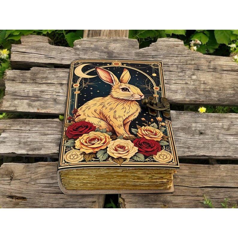 Easter Bunny Rabbit Vintage Handmade Leather Journal, Grimoire Fat Journal Blank Spell Book of Shadows Christmas Gift Him Her