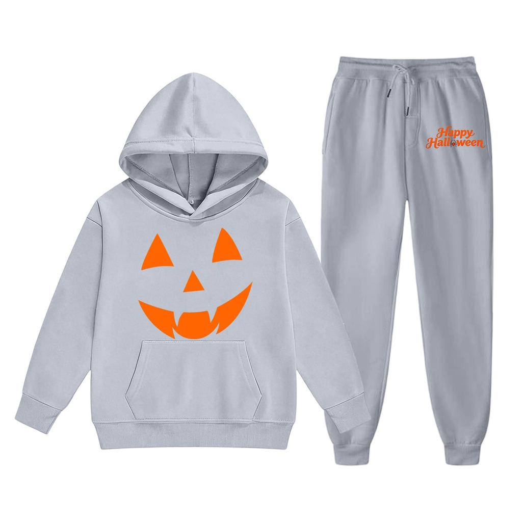 Kids Halloween Hoodie Set with Pumpkin Face Print Long Sleeve Pullover and Matching Pants Comfortable Fit Soft Fabric Suitable for Fall Season