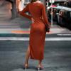 European and American Women's Clothing Casual Waist Hollow Split Long-sleeved Knitted Dress Hip-wrapped Long Dress