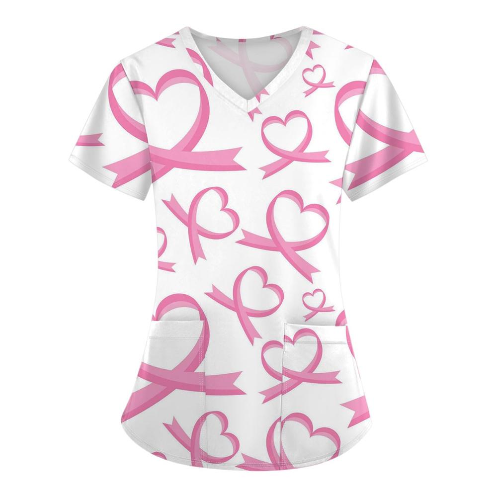 Surgical Uniforms Woman Heart Printed V-Neck Nurses Tops Short Sleeve Patch Pocket Medical Uniforms Surgical Uniforms Nursing