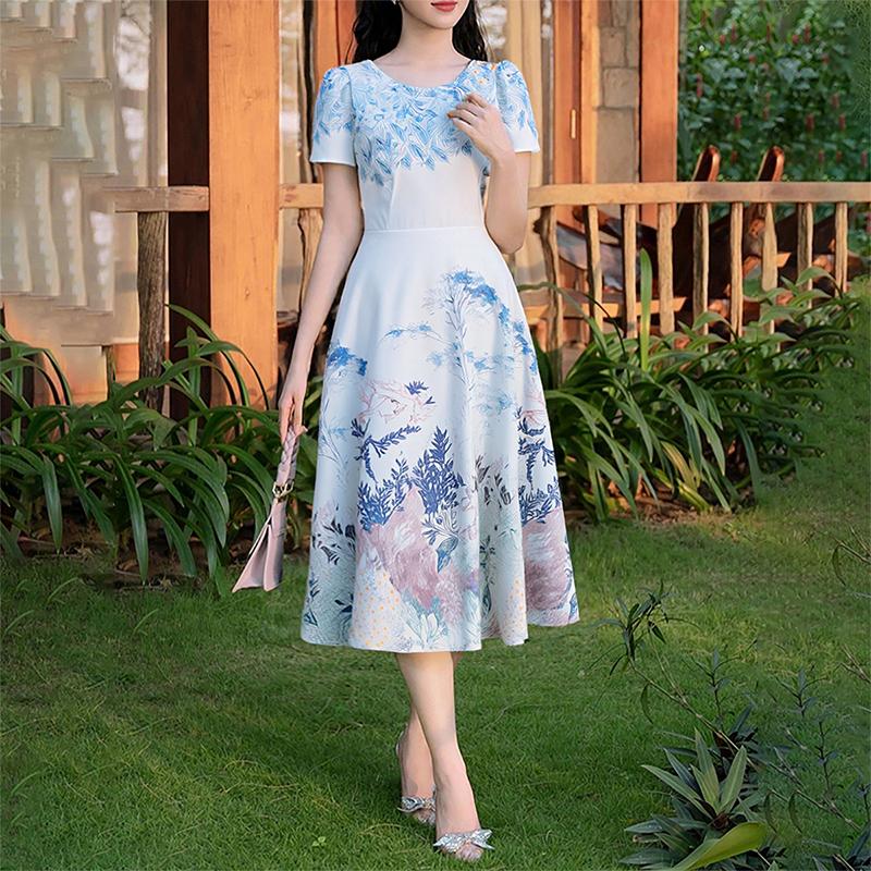 

ZANZEA Женское повседневное летнее платье с круглым вырезом и коротким рукавом с принтом L синий