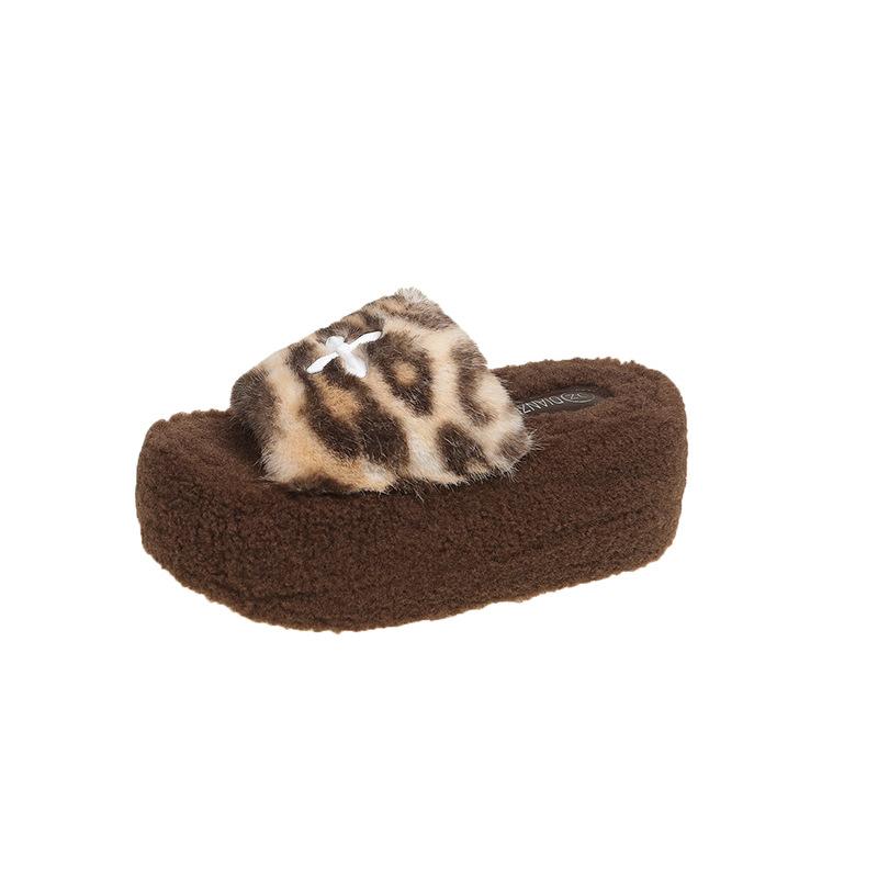 

2025 autumn and winter new Korean version of slope heel fluffy slippers women wear thick-soled high-heeled leopard print open-toed cotton slippers 34
