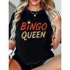 Women's Bingo Queen Graphic T-Shirt with Crown & BINGO Lettering - Soft Casual Round Neck Short Sleeve Top, Bingo Game Party Outfit