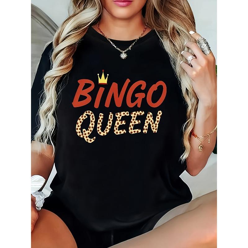 

Women s Bingo Queen Graphic T-Shirt with Crown & BINGO Lettering - Soft Casual Round Neck Short Sleeve Top, Bingo Game Party Outfit S чёрный