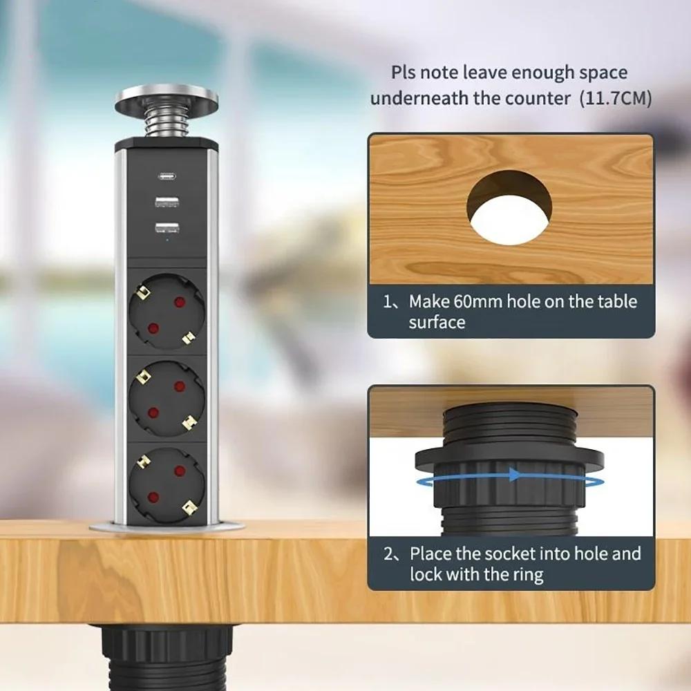 Melery Type-C Pop Up Sockets Germany Power Strip Desktop Hidden EU Plug 3 Outlets Switch Phones Kitchen Office Extension Cord