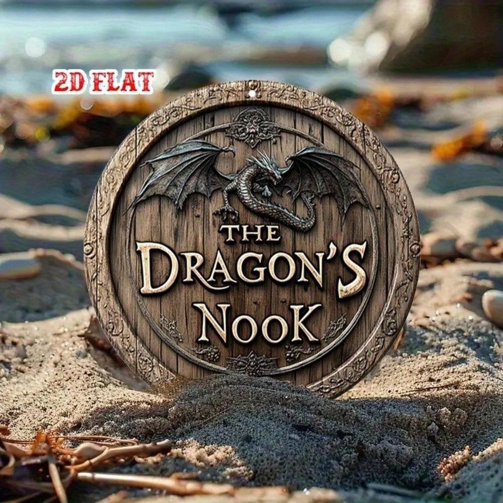 Round Fantasy Dragon Floral 2D Metal Tin Wall Sign for Home Decor