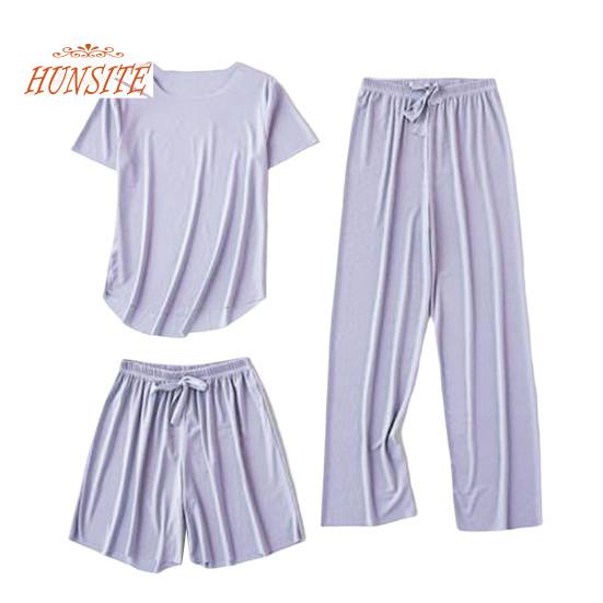 Dámské letní pyžamový set korejský temperament triko s ledovým hedvábným výstřihem do O se stahovací šňůrkou rovné široké nohavice tenké elastické pasové šortky 3ks/sada Domácí oblečení