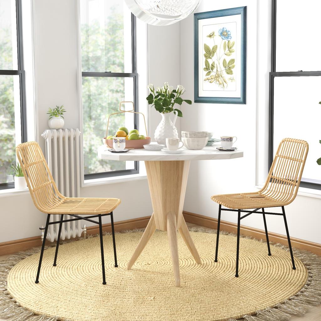 Set of 2 Chairs for Kitchen and Living Room Boho Style, Modern Chairs in PE Rattan and Steel, 45x57x83 cm, Yellow