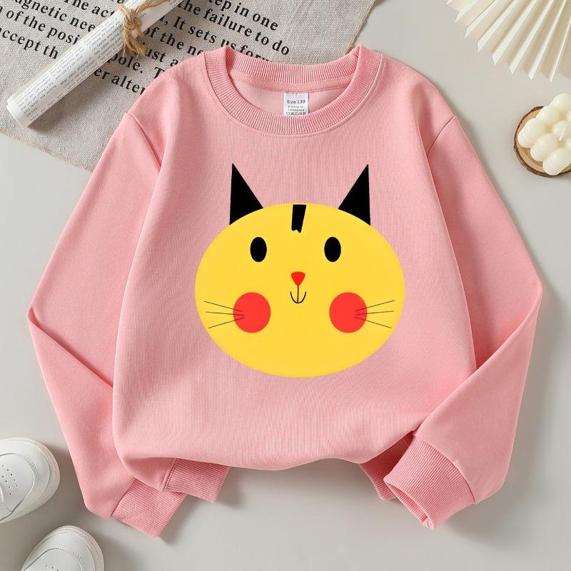 Girls Yellow Cat Face Print Crew Neck Sweatshirt, Soft Casual Fall Winter Top