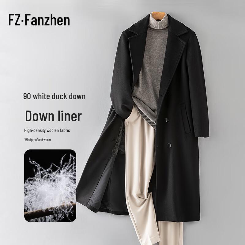 Fanzhen Men's Long Wool Overcoat with Detachable Down Liner