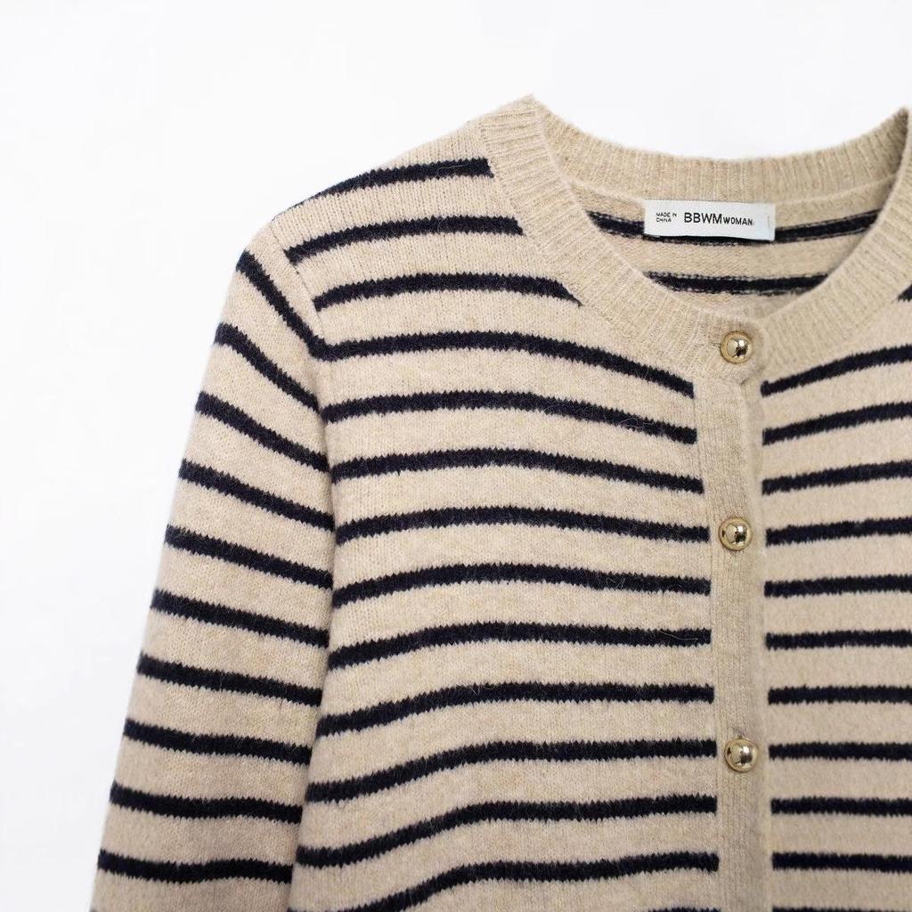 Women's Color Block Striped Knit Cardigan with Round Neck and Long Sleeves