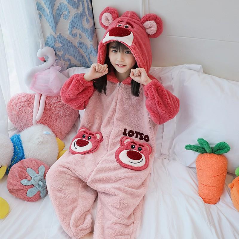Girls Warm Coral Fleece Pajama Set With Feet Winter Sleepwear Toddlers 3-8 Years Soft Cozy One-Piece Sleepsuit
