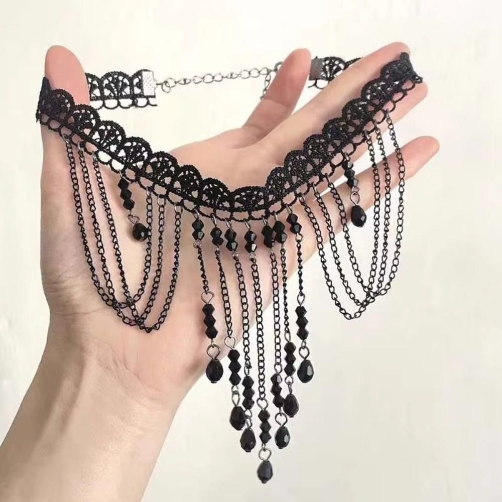 Black Lace Pendant Necklace Tassel Drop Beaded Necklace Fashion Choker Necklace Women