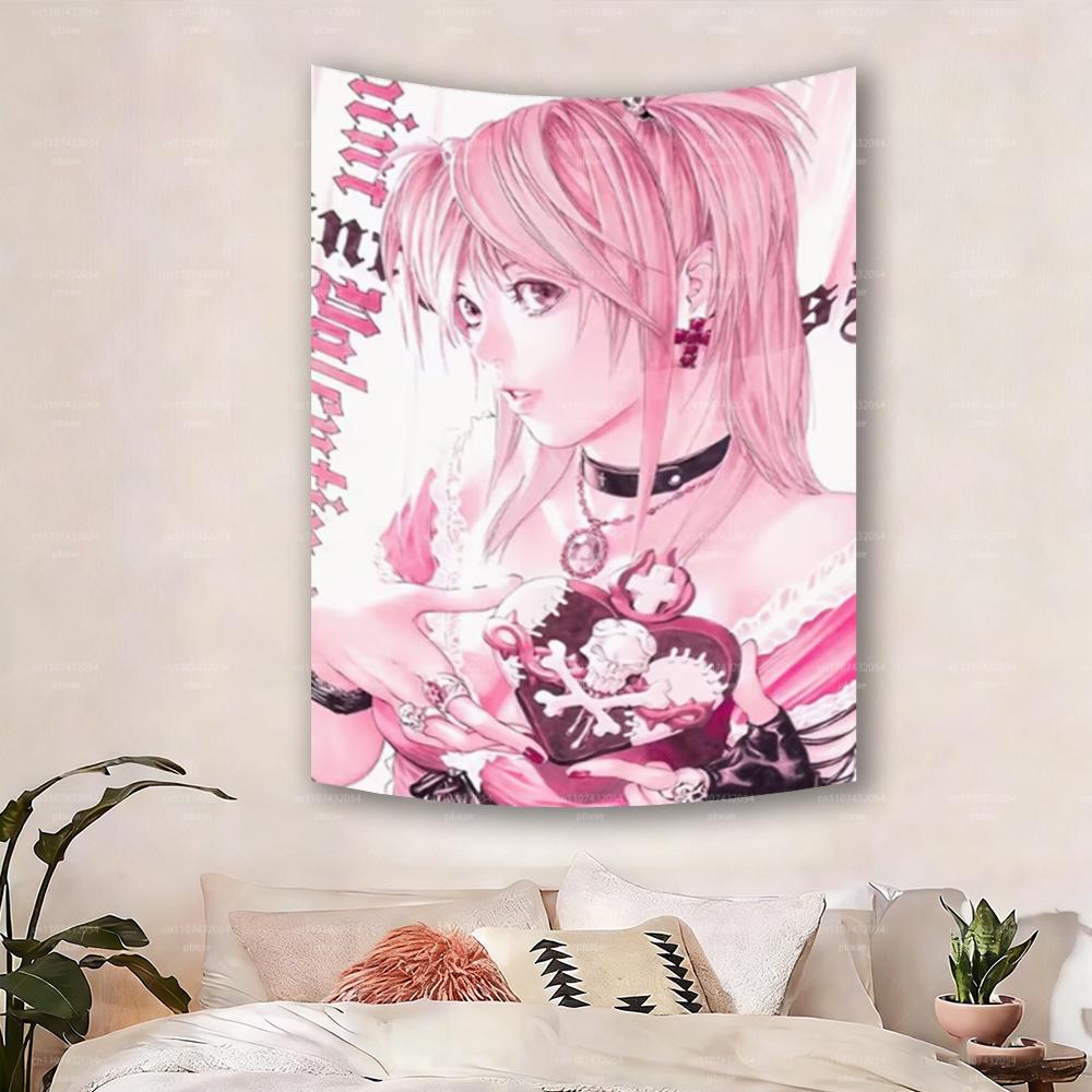 Anime Pink Hair Girl Gothic Wall Tapestry Skull Heart Design TwoDimensional Art Hanging for Living Room Bedroom Office Cafe