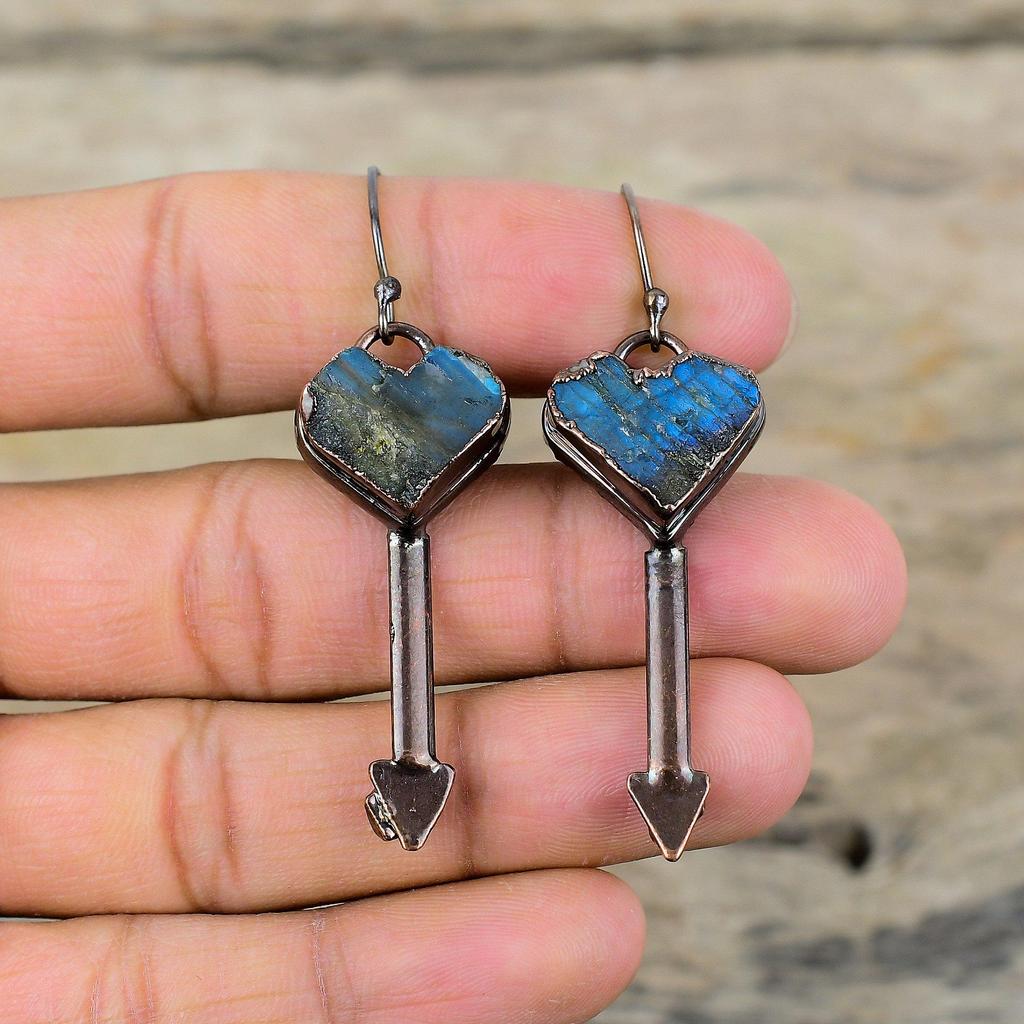 Labradorite Rough Earring Green Tourmaline Rough Earring Electroformed Copper Earrings Electroformed Jewelry Gift For Her Gemstone Earrings