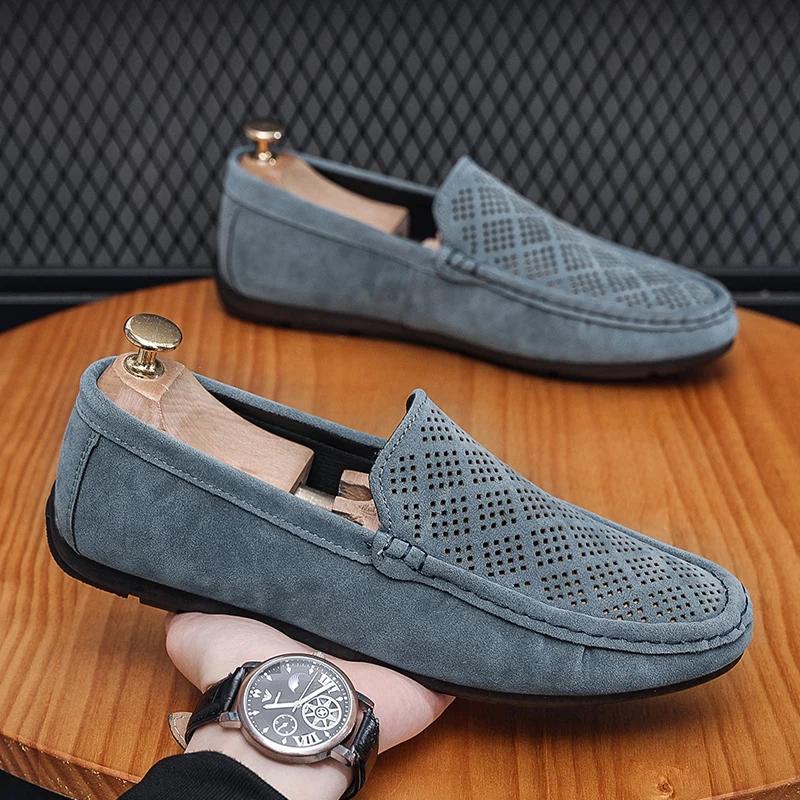 Summer Suede Men Casual Shoes Outdoor Breathable Lightweight Leather Mens Walking Shoes Anti Slip Lightweight Driving Shoes