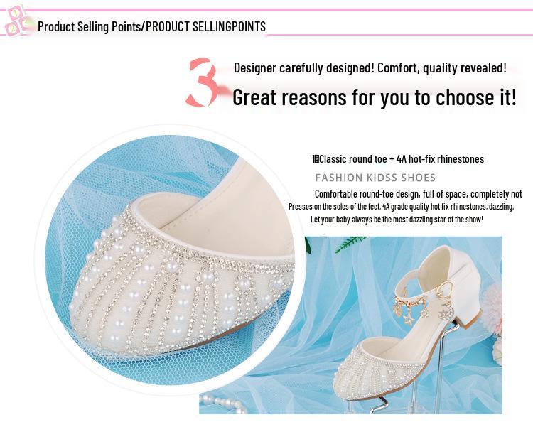 Silver Crystal Low-Heel White Leather Princess Shoes for Girls