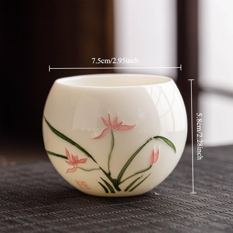 Hand Drawn Relief Sheep Fat Jade High End Ceramic Tea Cup Single Cup