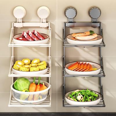 Kuchyňský skládací úložný regál s přísavkami, domácí vícevrstvý regál na hrnce, nástěnný úložný regál, materiál uhlíková ocel