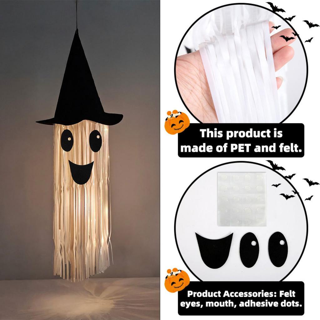 Halloween Light Up Smiling Ghost Hanging Decoration with Witch Hat Long Fringe Design for Indoor Outdoor Party Use