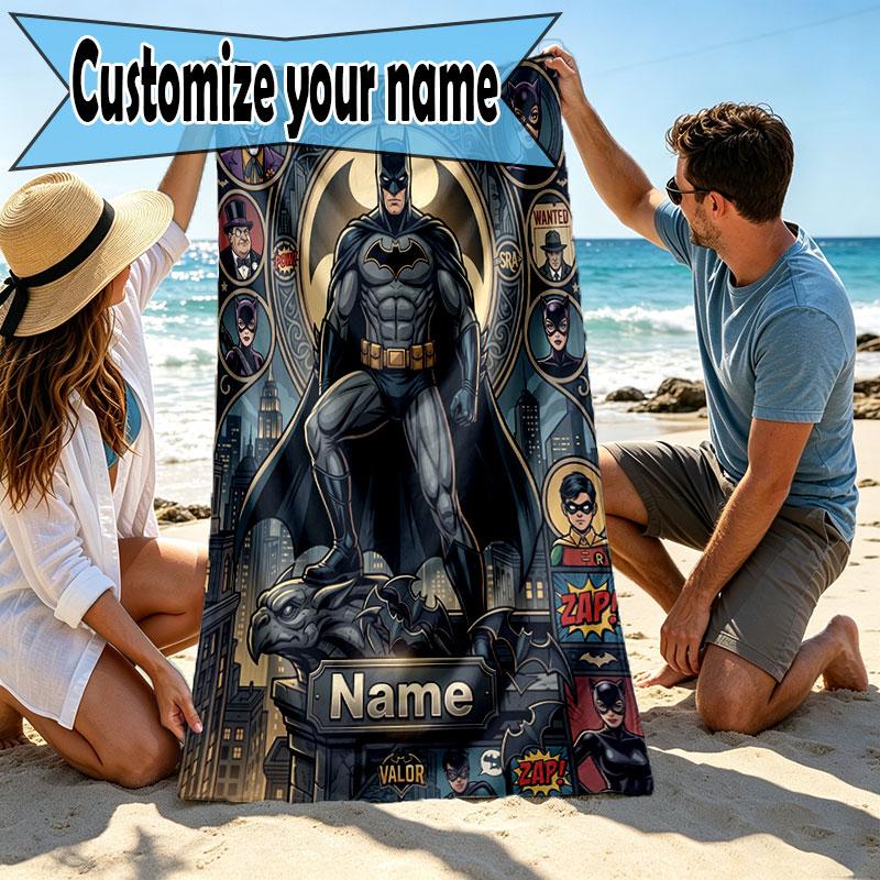 Custom Name Personalized Batman Print Beach Towel, for Trip Camping Beach Party Home Decor, Birthday Gift for Family & Friends