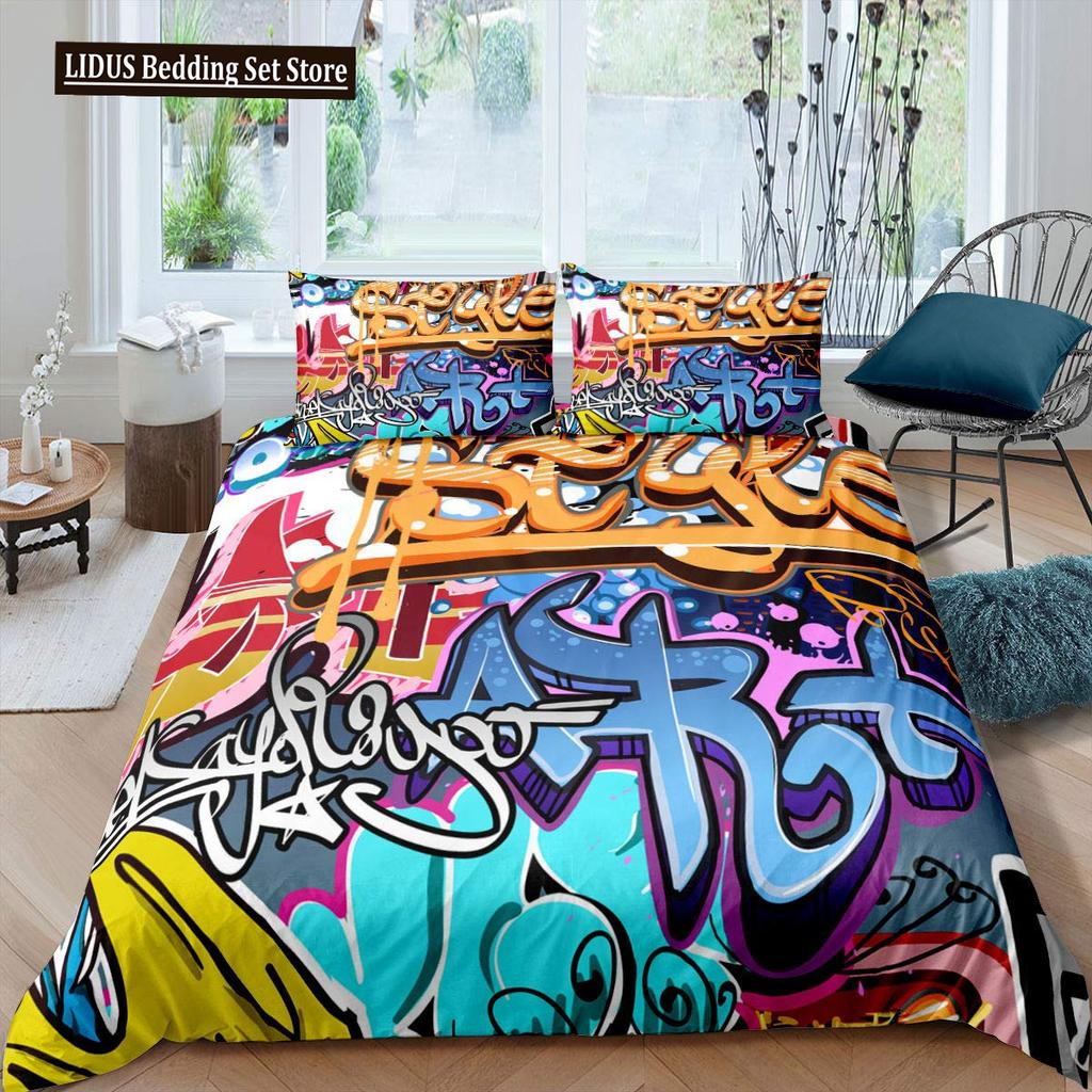 Zestaw poszwy na kołdrę Graffiti dla nastolatków chłopców Hip Hop Art Zestaw poszwy na kołdrę Muzyka rockowa Sportowy zestaw pościeli Zestaw poszwy na kołdrę Rozmiar Queen
