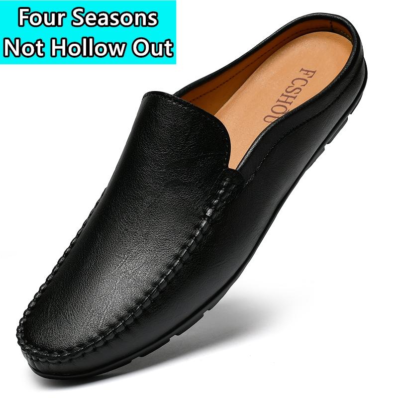 Men's Plus Size Genuine Leather Mules Male Summer Casual Shoes Breathable Comfy Sandals Open Back Low-heel Slippers