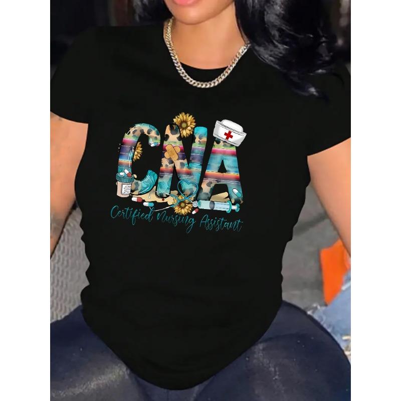 Women's CNA Certified Nursing Assistant Pattern T-shirt with Brooch and Heart-shaped Design Loose Round Neck Short Sleeved Top